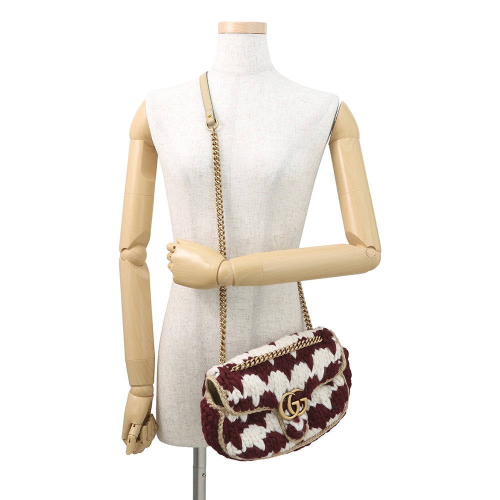 GUCCI GG Marmont Knit Shoulder Bag Bordeaux/White443497 Wool Leather