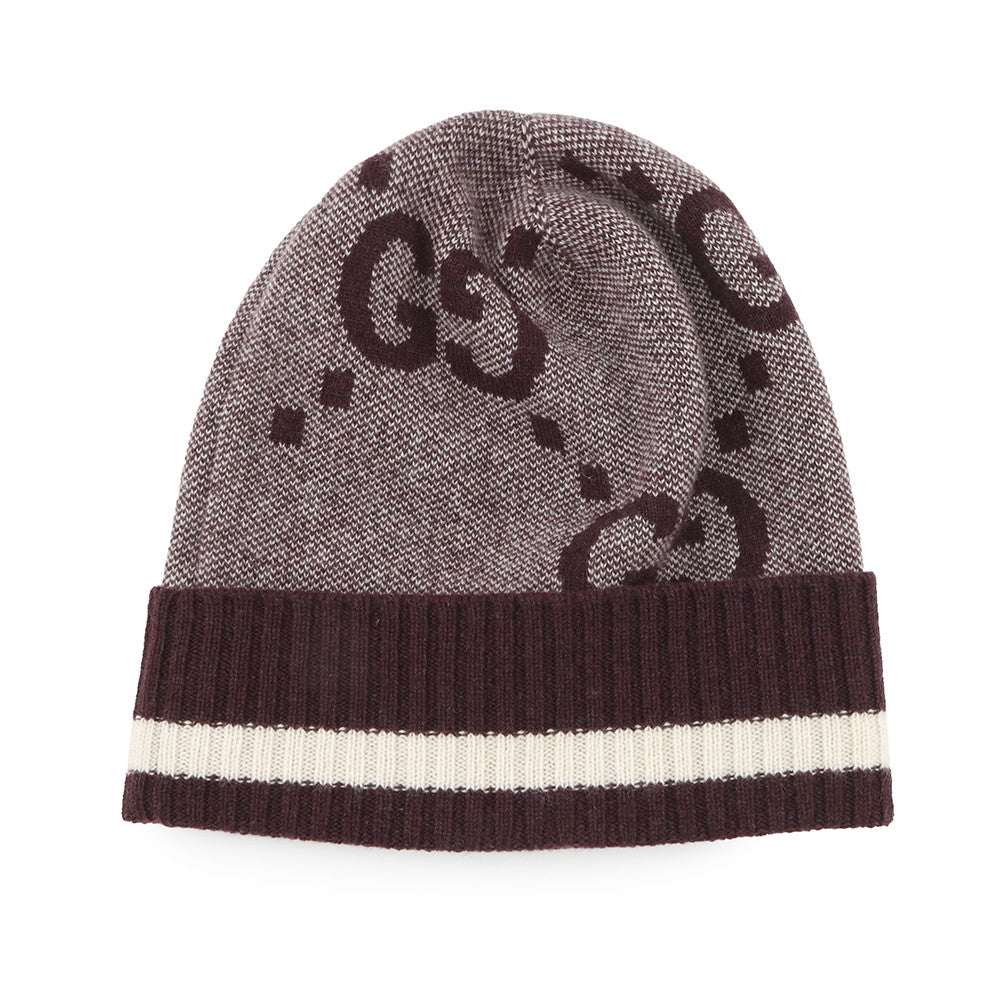 GUCCI GG logo knit hat Size M Bordeaux/White676827 Cashmere100%