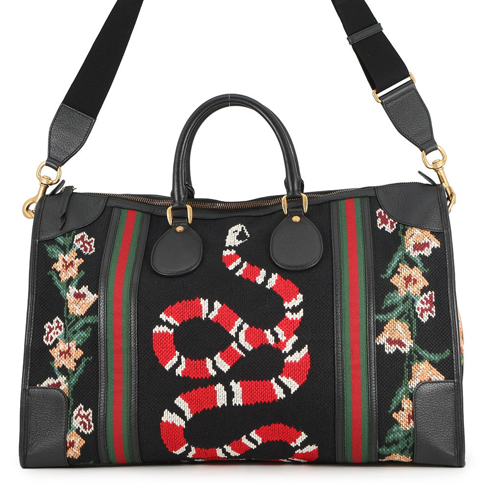 GUCCI Cherie Line Snake Travel Bag Black/Beige459291 Canvas Leather