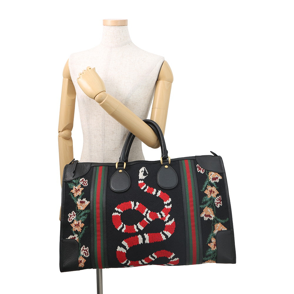 GUCCI Cherie Line Snake Travel Bag Black/Beige459291 Canvas Leather