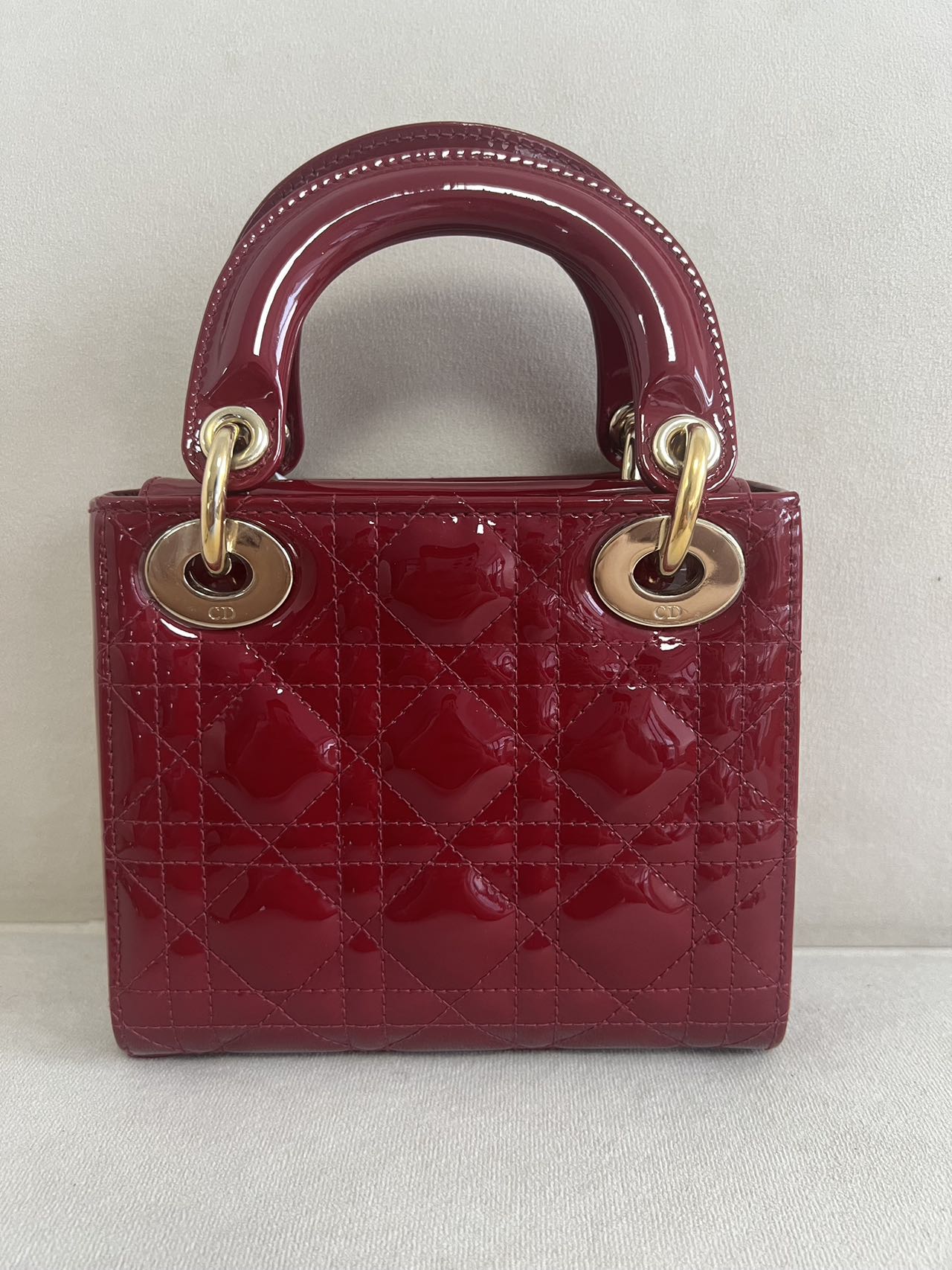 Lady Dior Mini Burgundy Red Patent Leather Gold Chain Strap 2021 Suede Interior