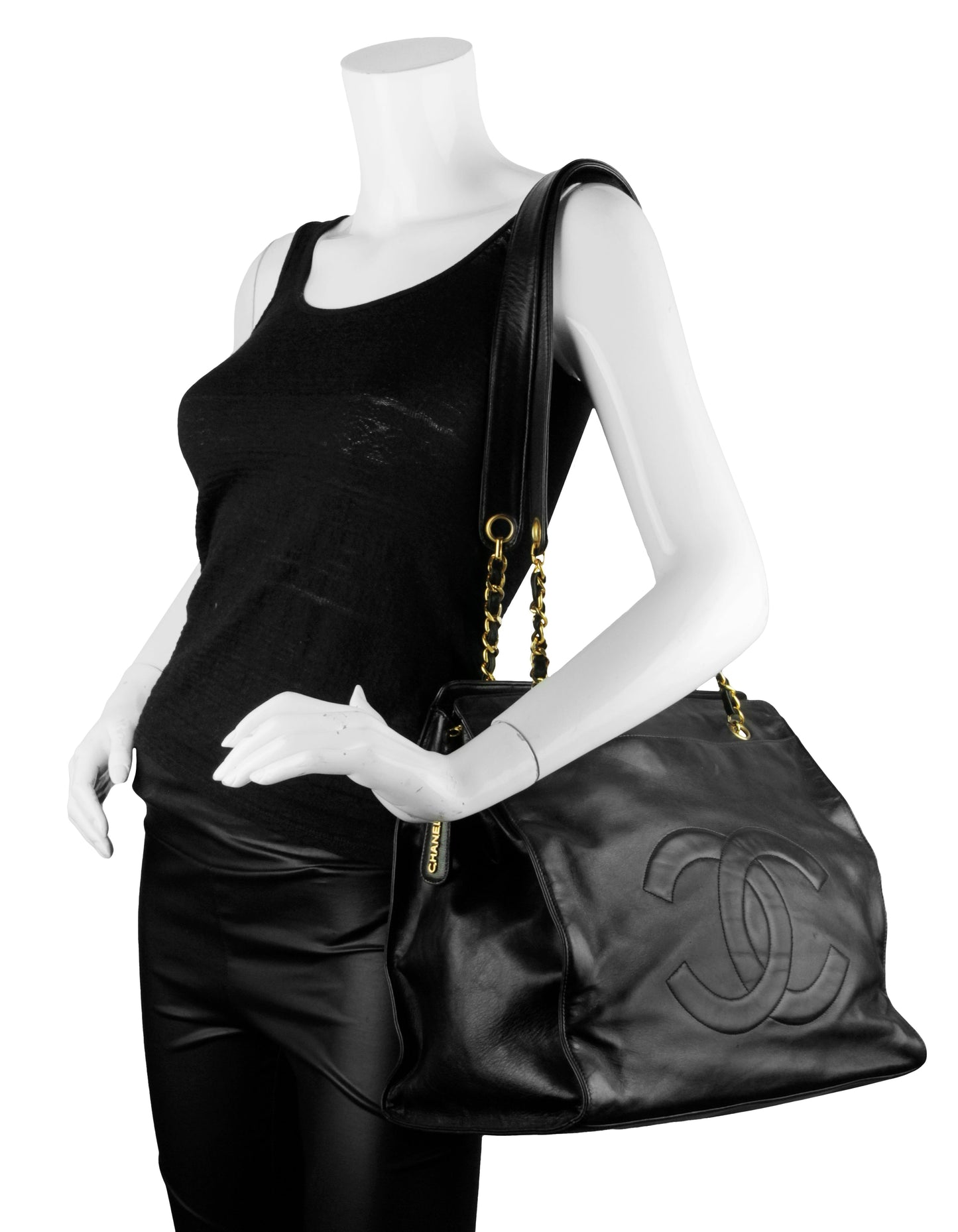 Chanel Black Lambskin Leather CC Logo Tote Bag