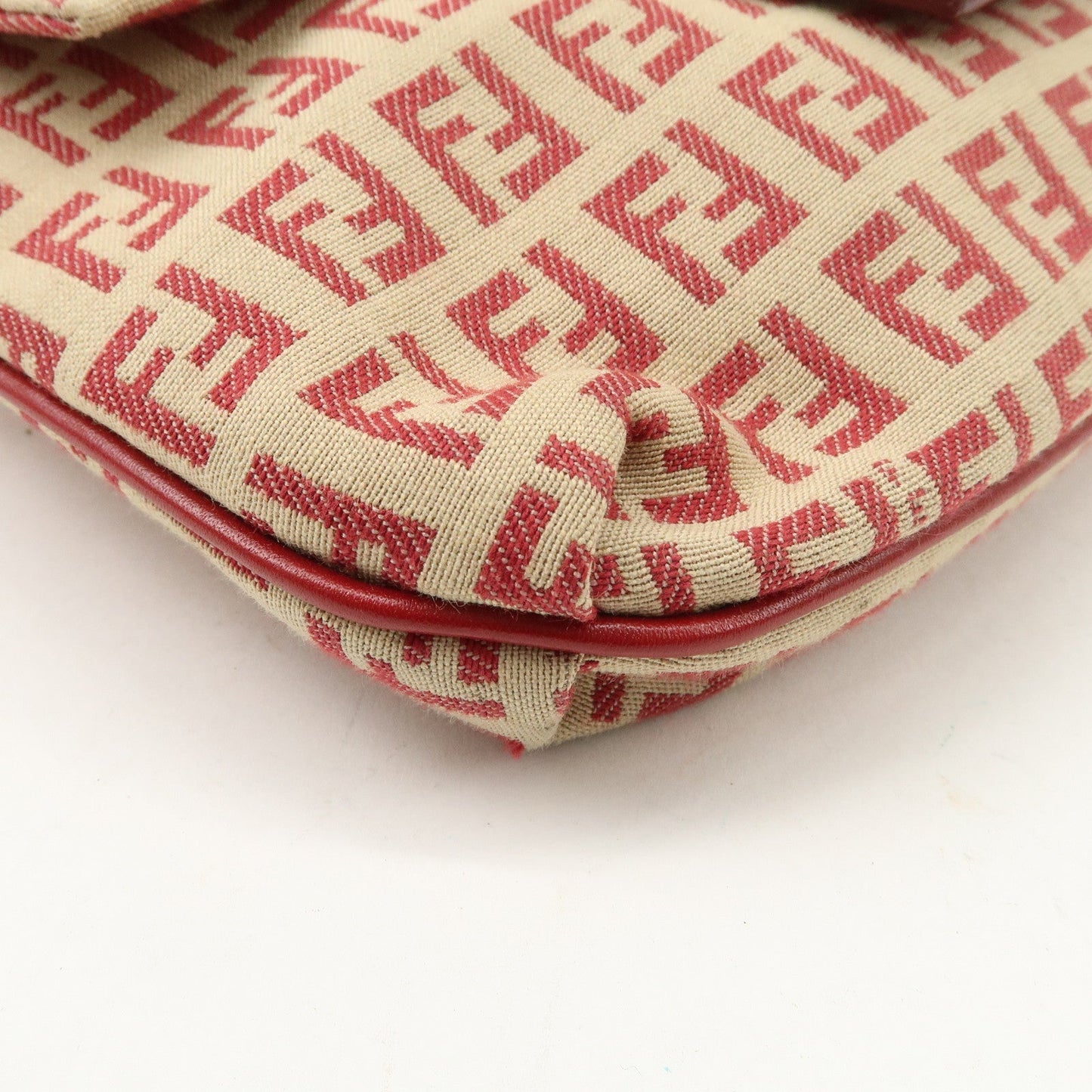 FENDI Zucchino Canvas Leather Shoulder Bag Beige Red 8BT075
