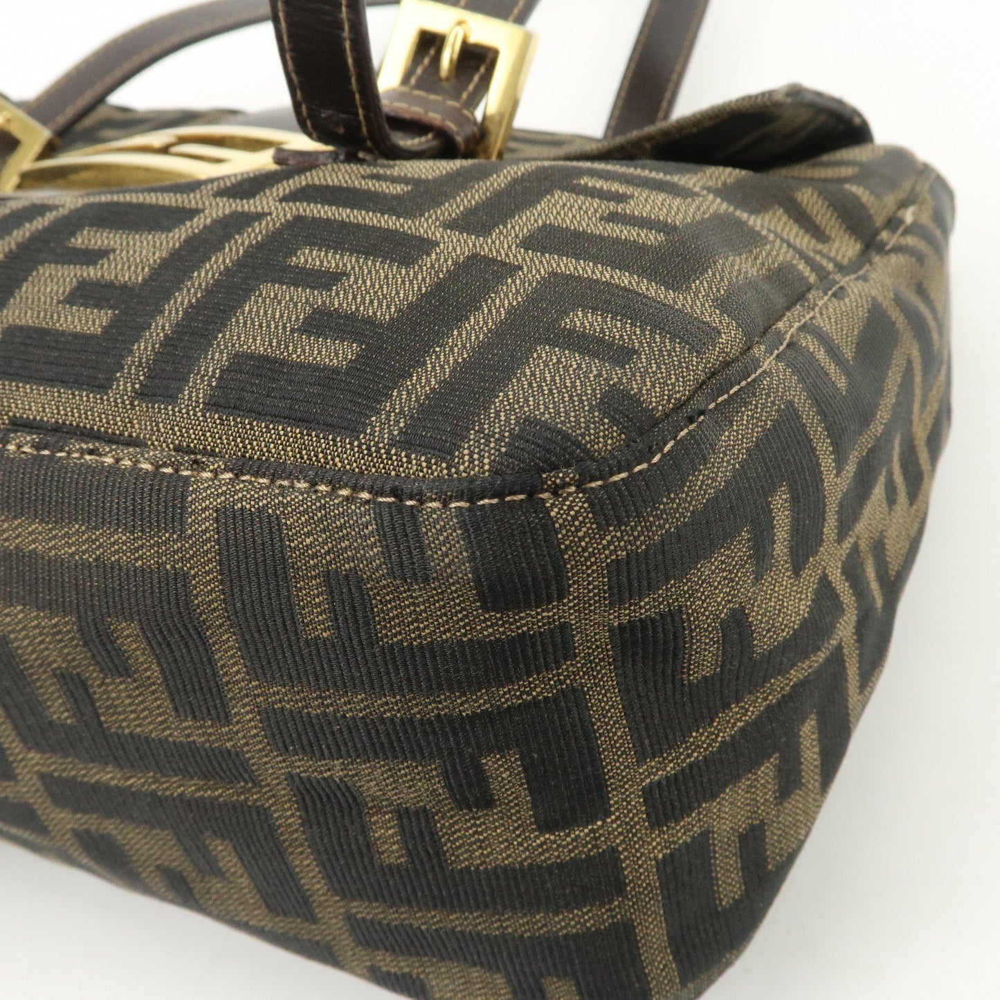 FENDI Zucca Canvas Leather Hand Bag Brown Black Gold Hardware