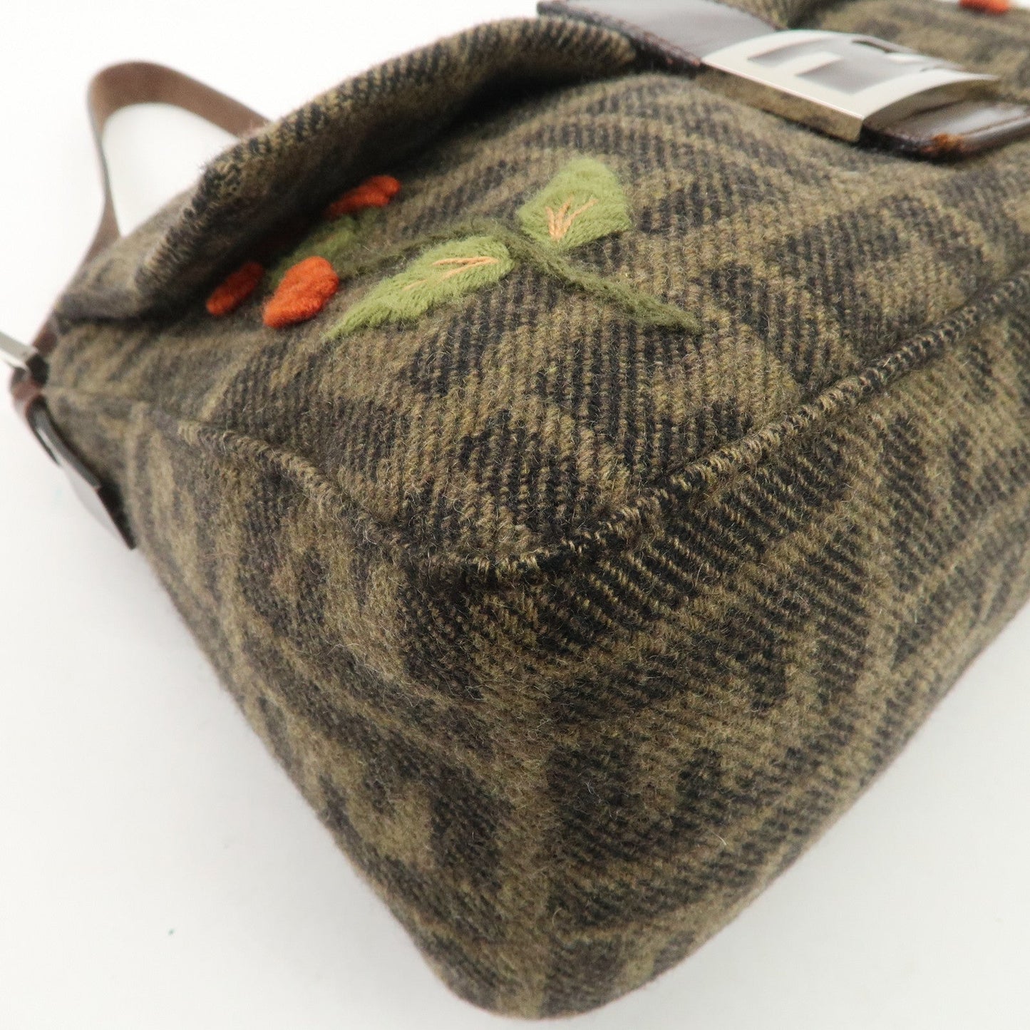 FENDI Mamma Baguette Wool Leather Shoulder Bag Tree Motif Khaki