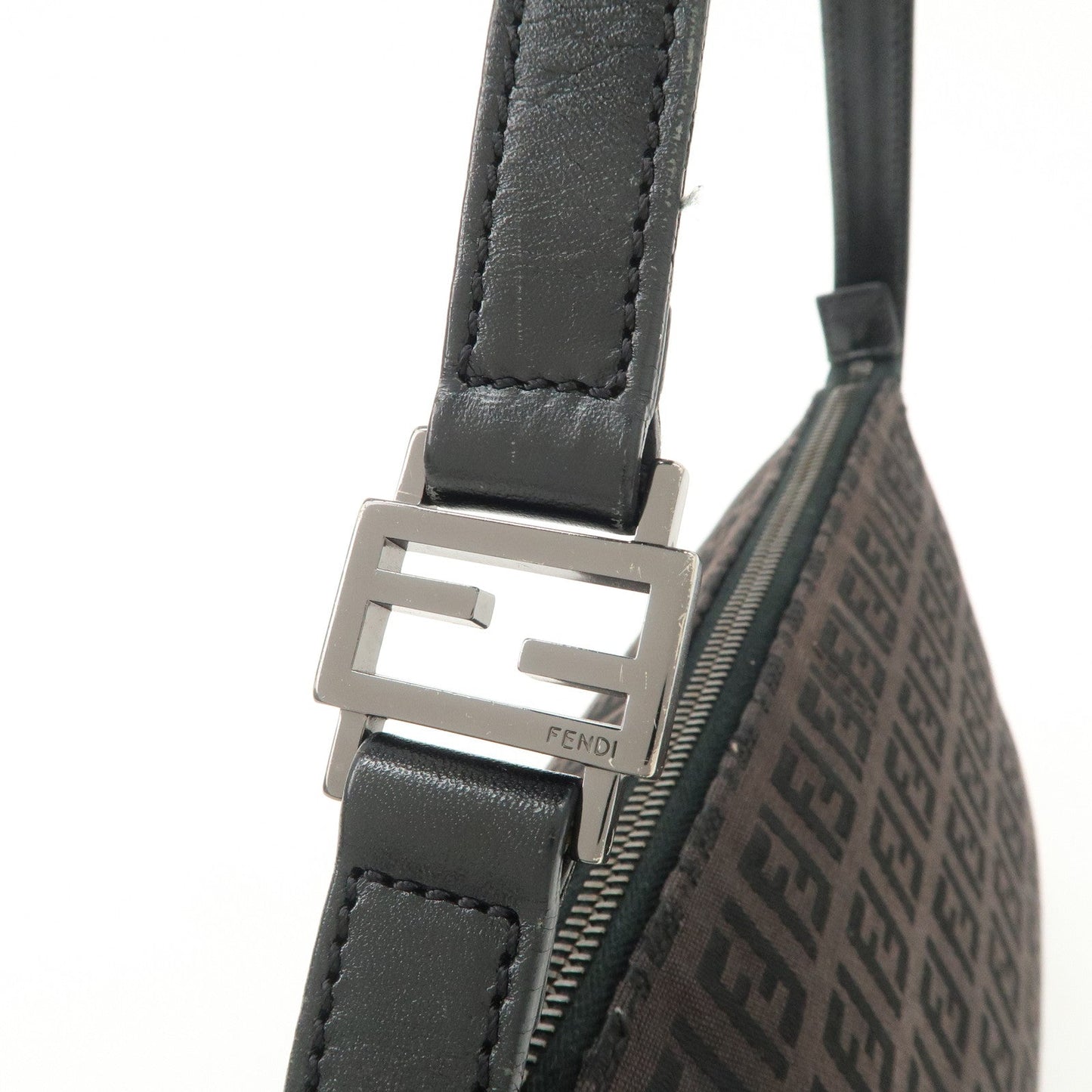 FENDI Zucchino Canvas Leather Shoulder Bag Dark Brown 8BR444