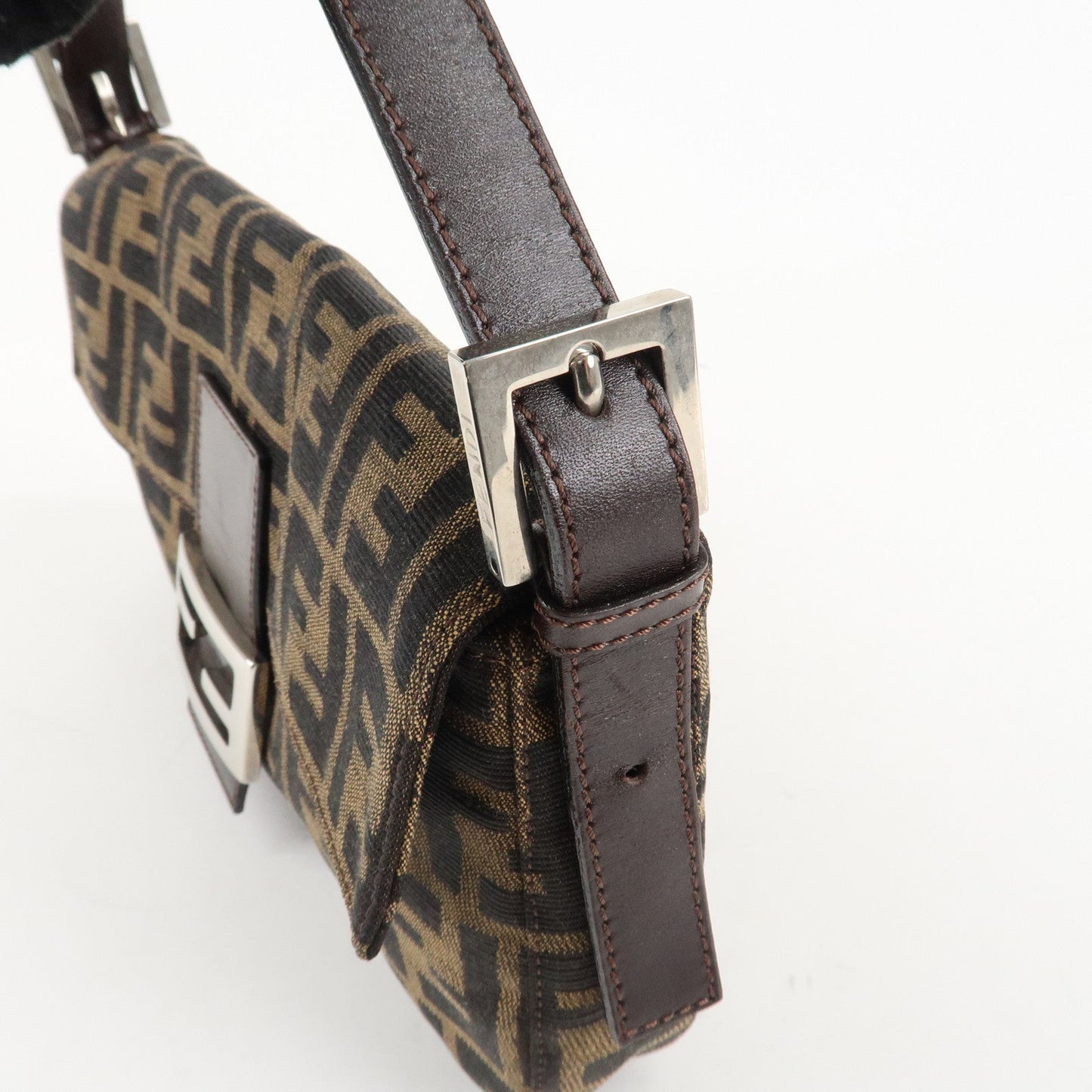 FENDI Mamma Baguette Zucca Canvas Shoulder Bag Brown Black 26424