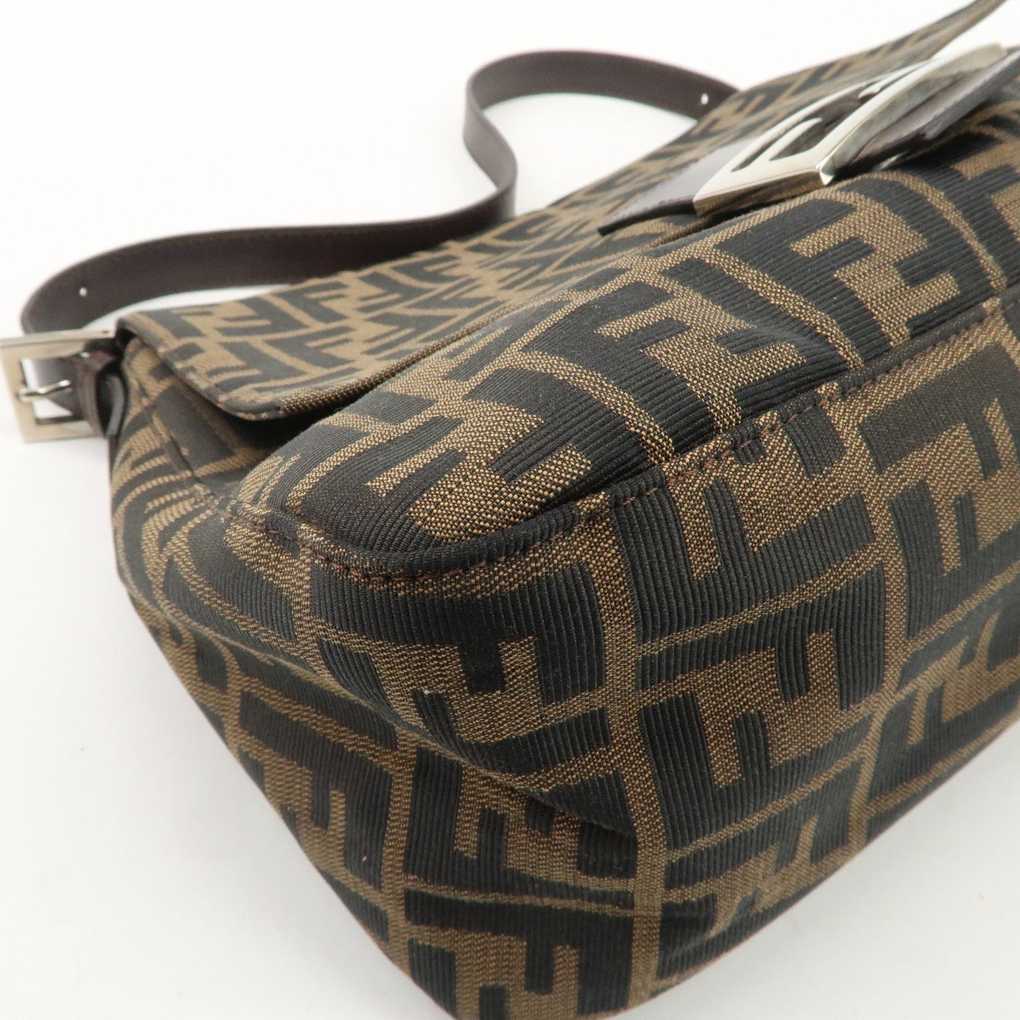 FENDI Mamma Baguette Canvas Leather Shoulder Bag Silver HDW 26325