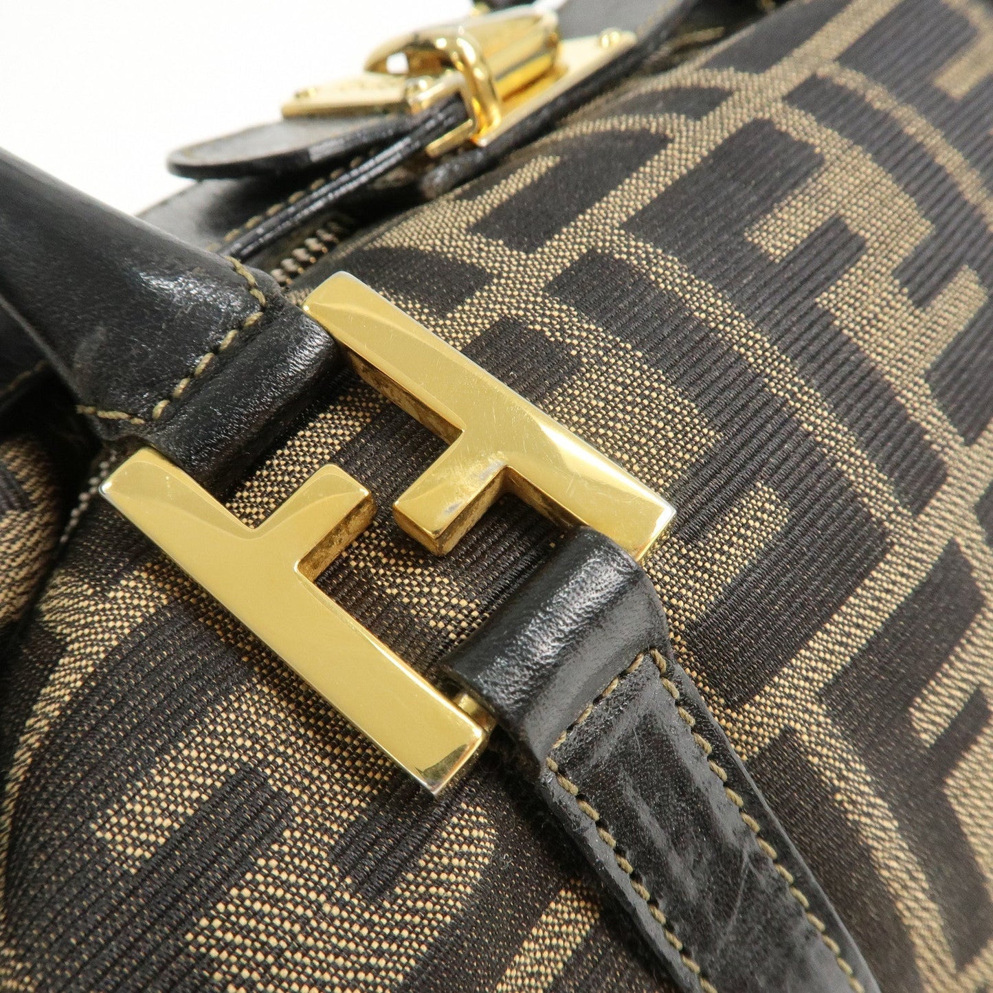 FENDI Zucca Canvas Leather Boston Bag Hand Bag Brown Black