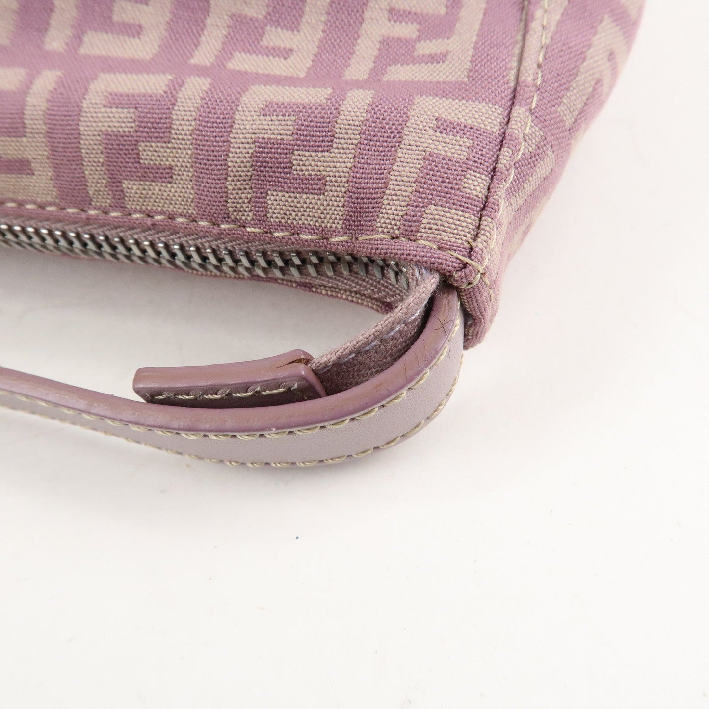 Auth FENDI  Zucchino Canvas Leather Hand Bag Pouch Purple Beige 8N0005  F/S