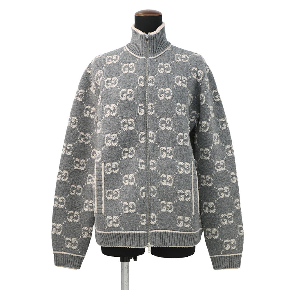 GUCCI GG Jacquard boucle stitch cardigan Size M Gray/Ivory814285 Wool 100%