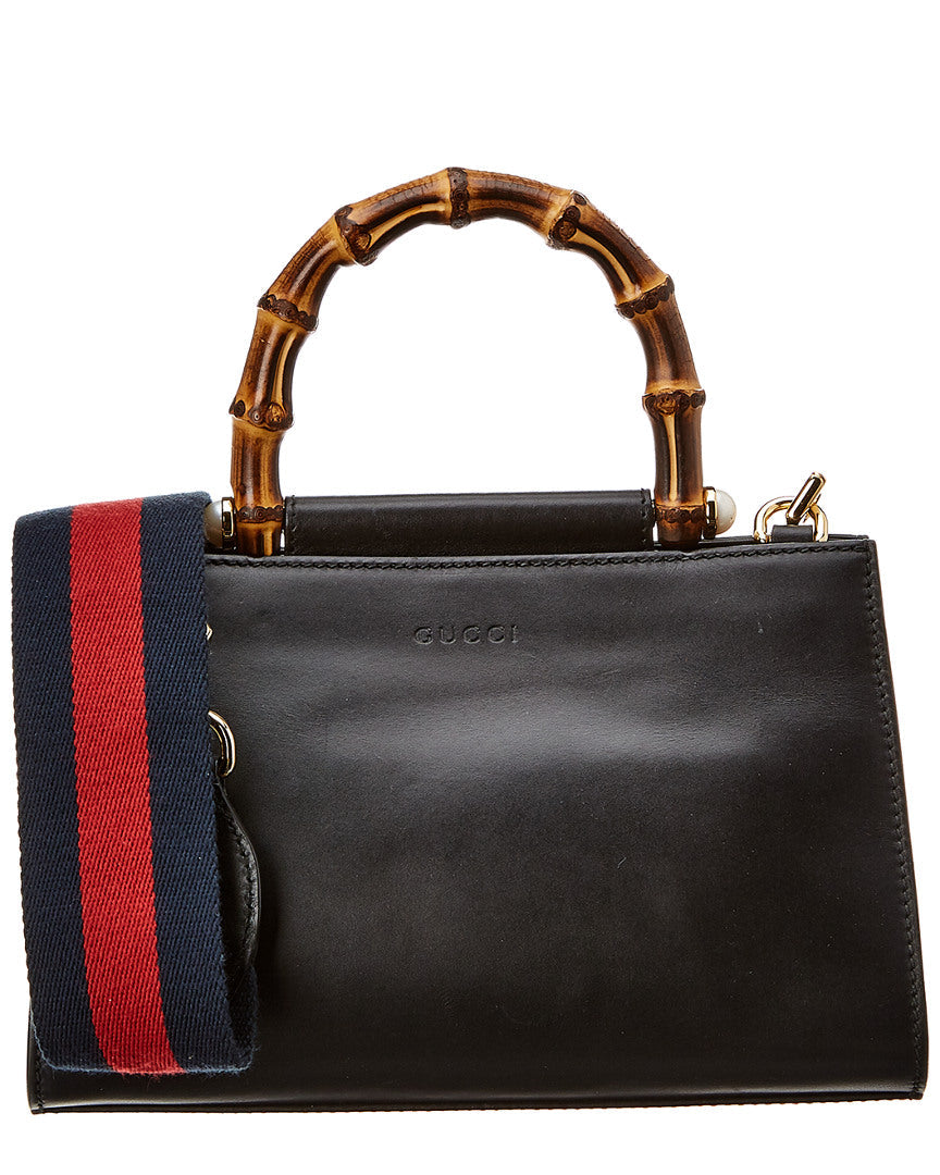 Gucci Black Leather Bamboo Nymphaea Bag ()