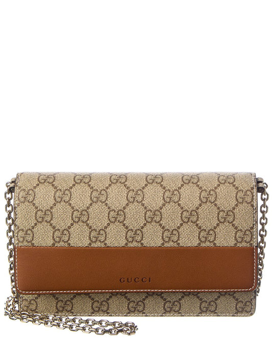 Gucci Gg Emblem Gg Supreme Canvas & Leather Wallet On Chain