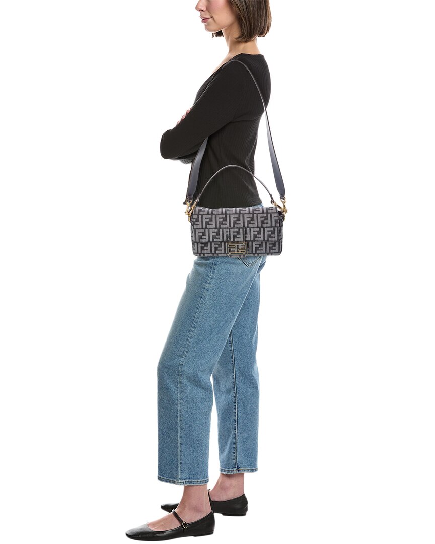 Fendi Baguette Ff Denim Jacquard & Leather Shoulder Bag
