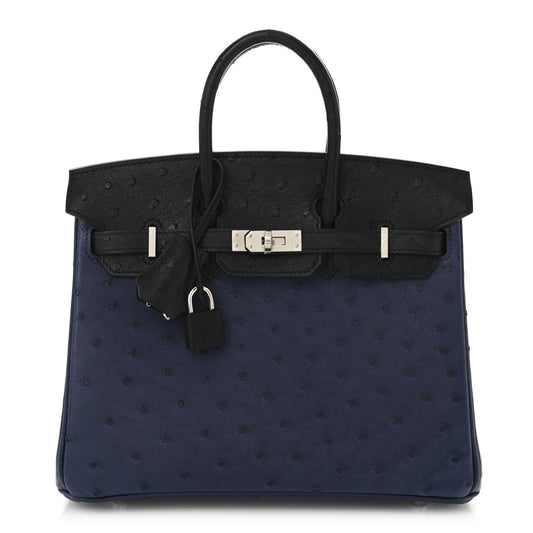 Hermes Ostrich Bi-Color Birkin 25 Bleu Iris Black