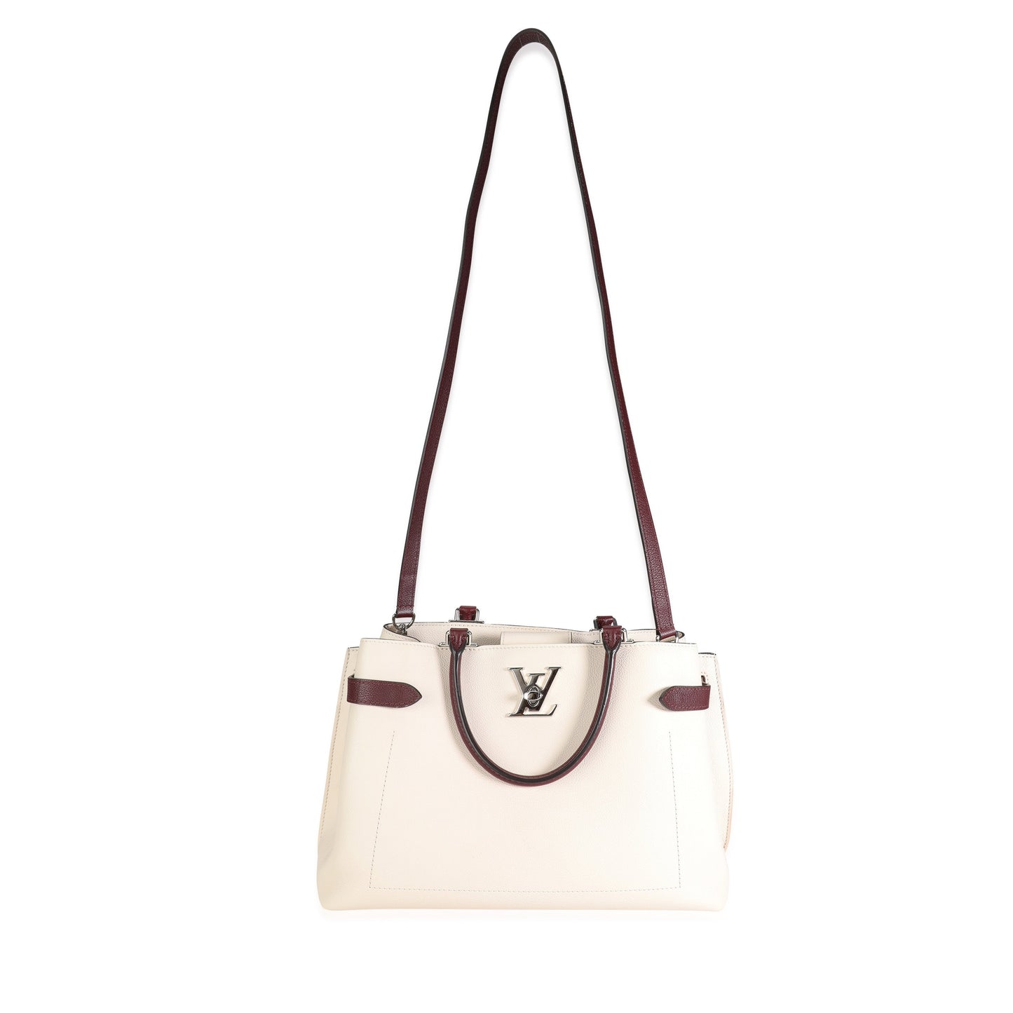 LOUIS VUITTON Cream & Burgundy Grained Calf Leather Lockme Day Bag