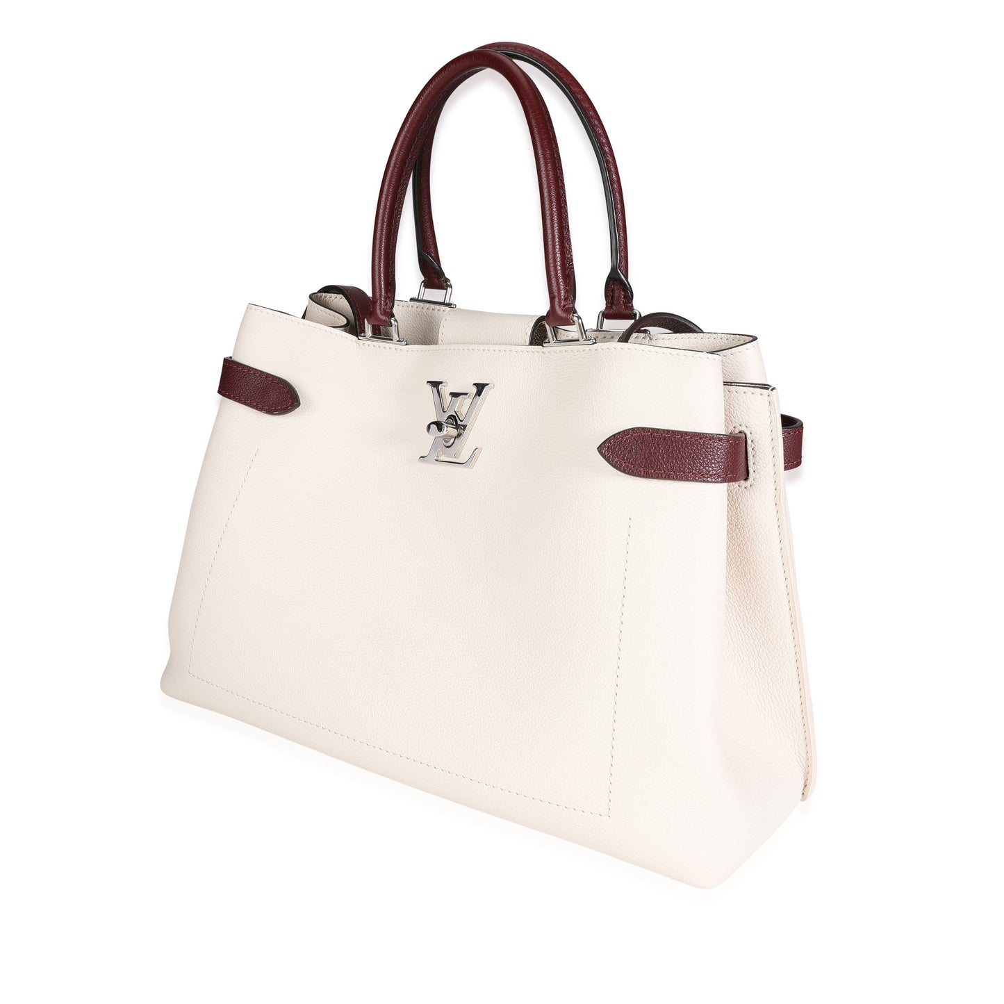 LOUIS VUITTON Cream & Burgundy Grained Calf Leather Lockme Day Bag