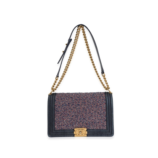 CHANEL Blue Denim & Multicolor Boucle New Medium Boy Bag