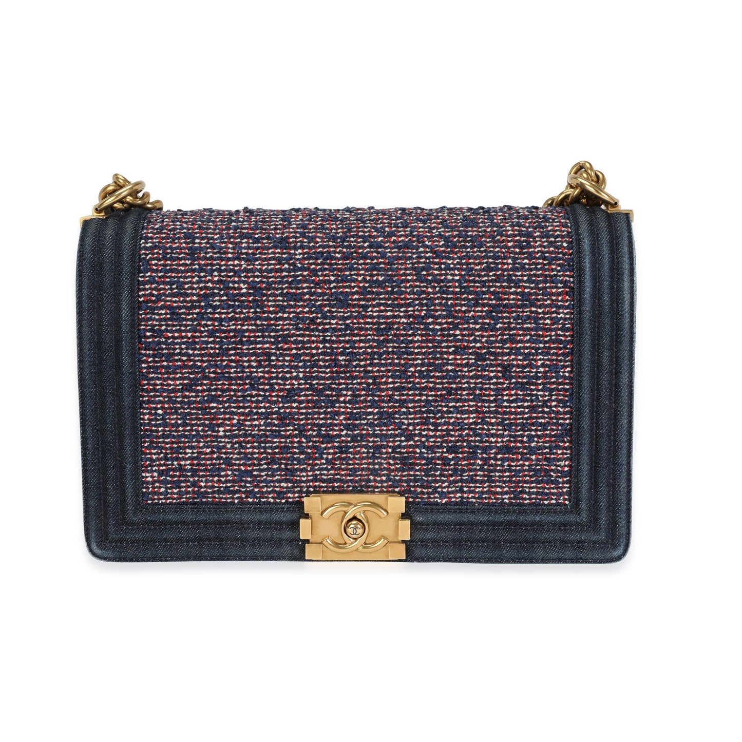 CHANEL Blue Denim & Multicolor Boucle New Medium Boy Bag