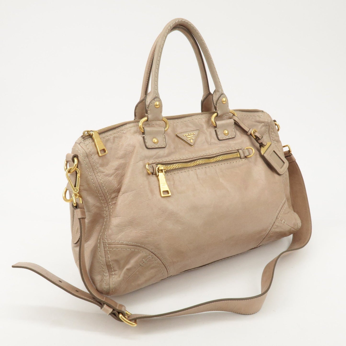 PRADA Triangle Logo Leather 2Way Bag Tote Bag Shoulder Bag Beige