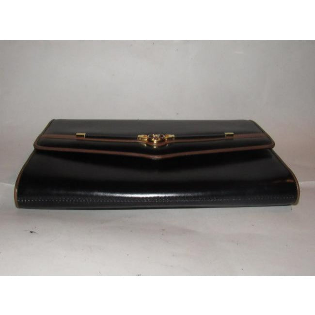 Gucci Vintage Pursesdesigner Purses Glossy Black Leather With Brown Leather Trim And Gold Equestrian