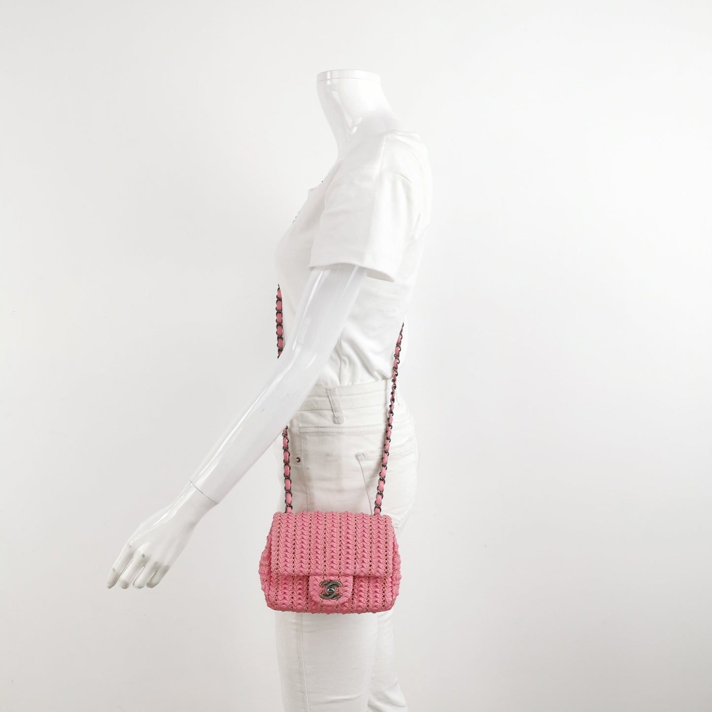 Chanel Mini Square Classic Flap Pink CC Paris Seoul Crochet Leather