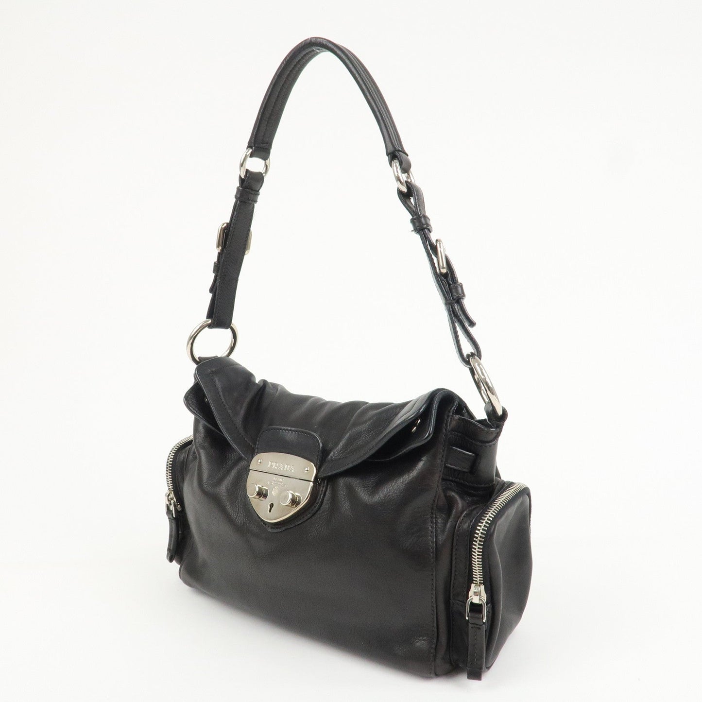 PRADA Triangle Logo Leather Calf Skin Shoulder Bag Black BR3307