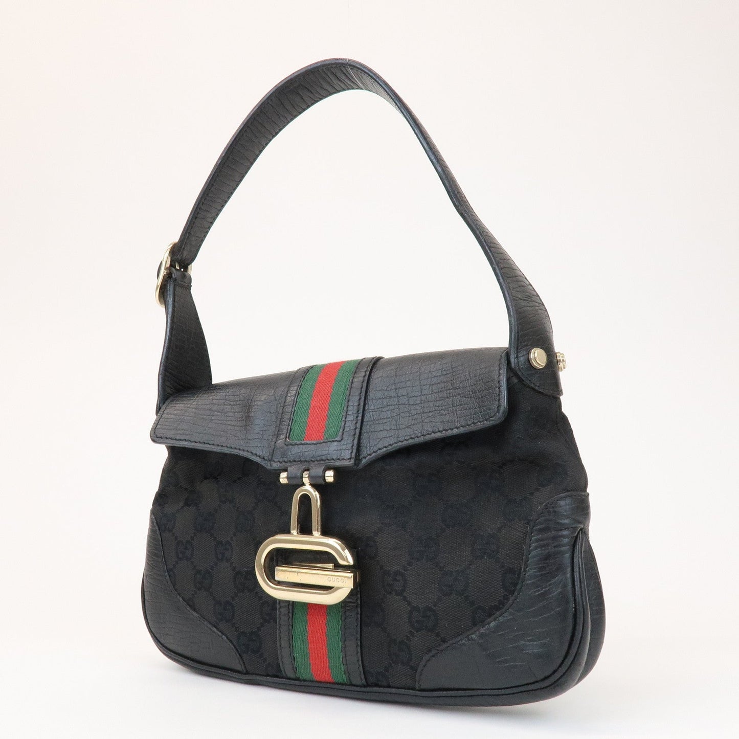 GUCCI Sherry GG Canvas Embossed Leather Shoulder Bag Black 130846
