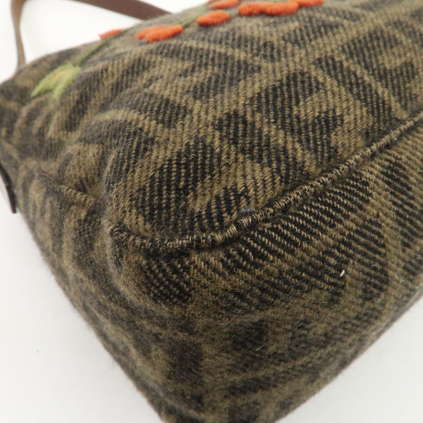 FENDI Mamma Baguette Wool Leather Shoulder Bag Tree Motif Khaki