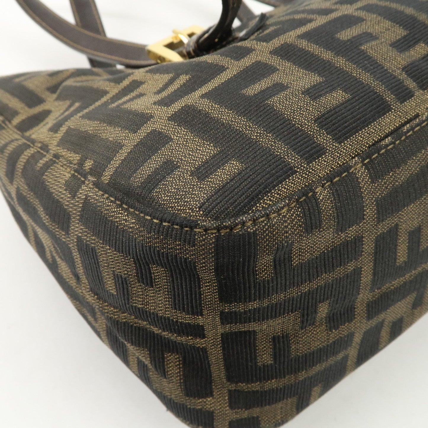 FENDI Zucca Canvas Leather Hand Bag Brown Black Gold Hardware