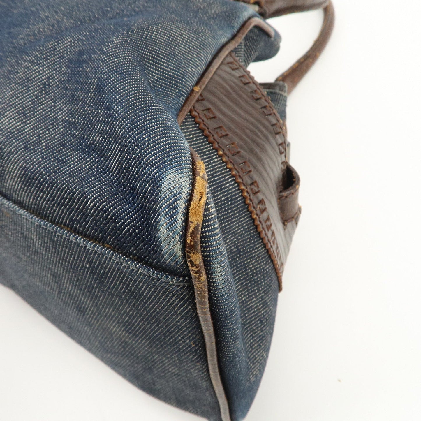 FENDI Ethnico Denim Leather Shoulder Bag Blue Brown 8BN157