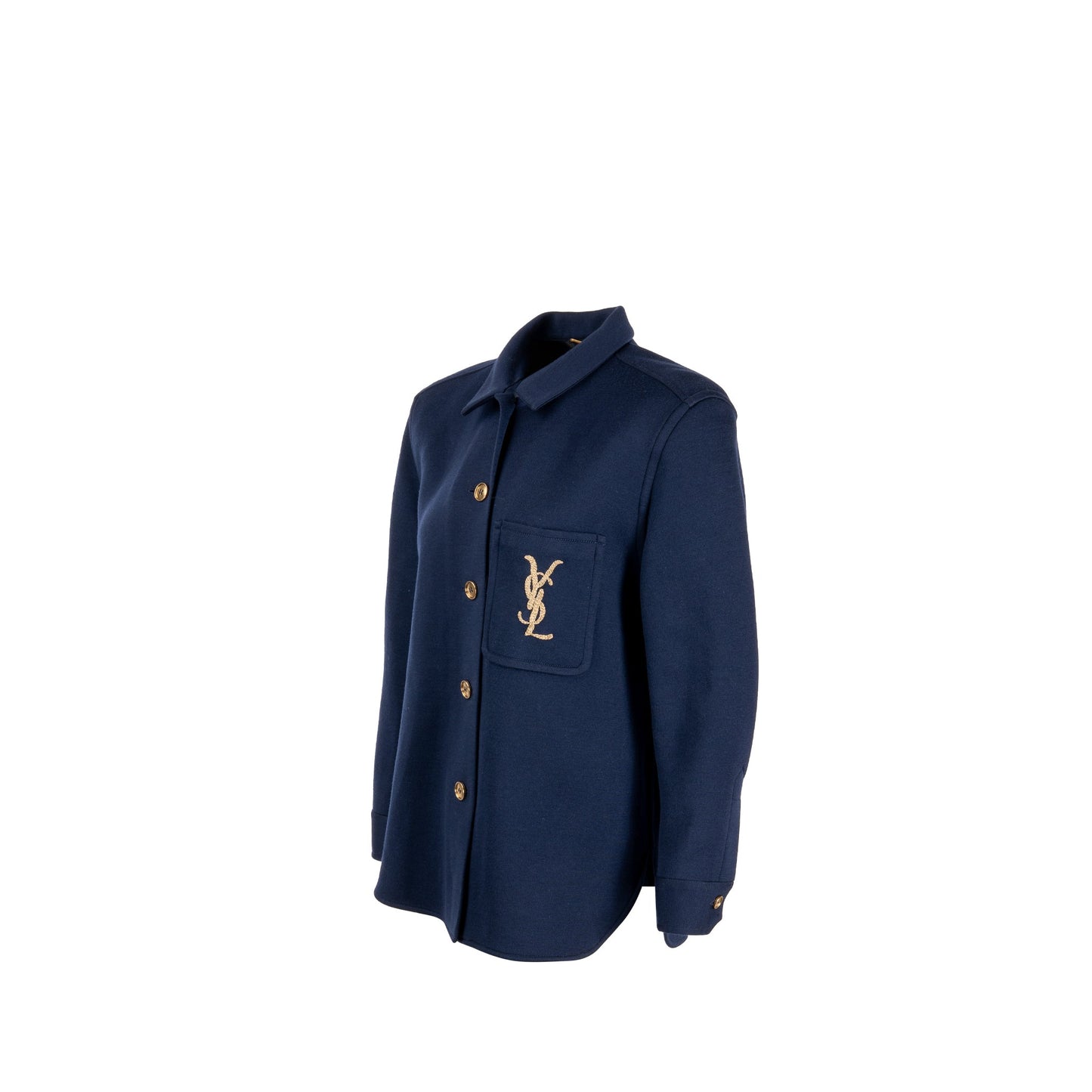 Saint Laurent size 38 embroidered monogram overshirt in wool dark blue