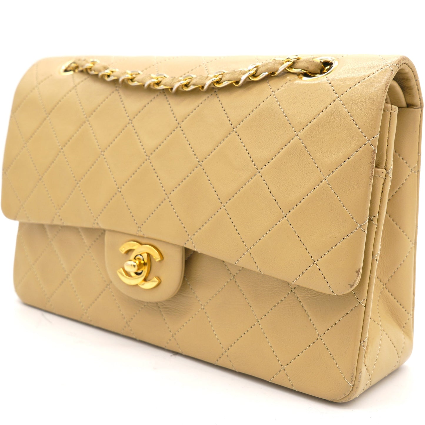 Chanel Beige Quilted Lambskin Leather Medium Classic   Double Flap Shoulder Bag