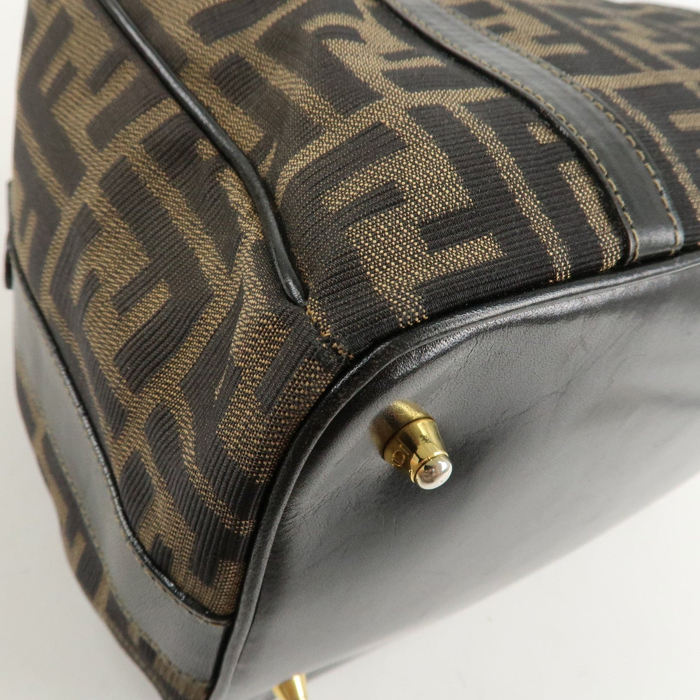 FENDI Zucca Canvas Leather Boston Bag Hand Bag Brown Black