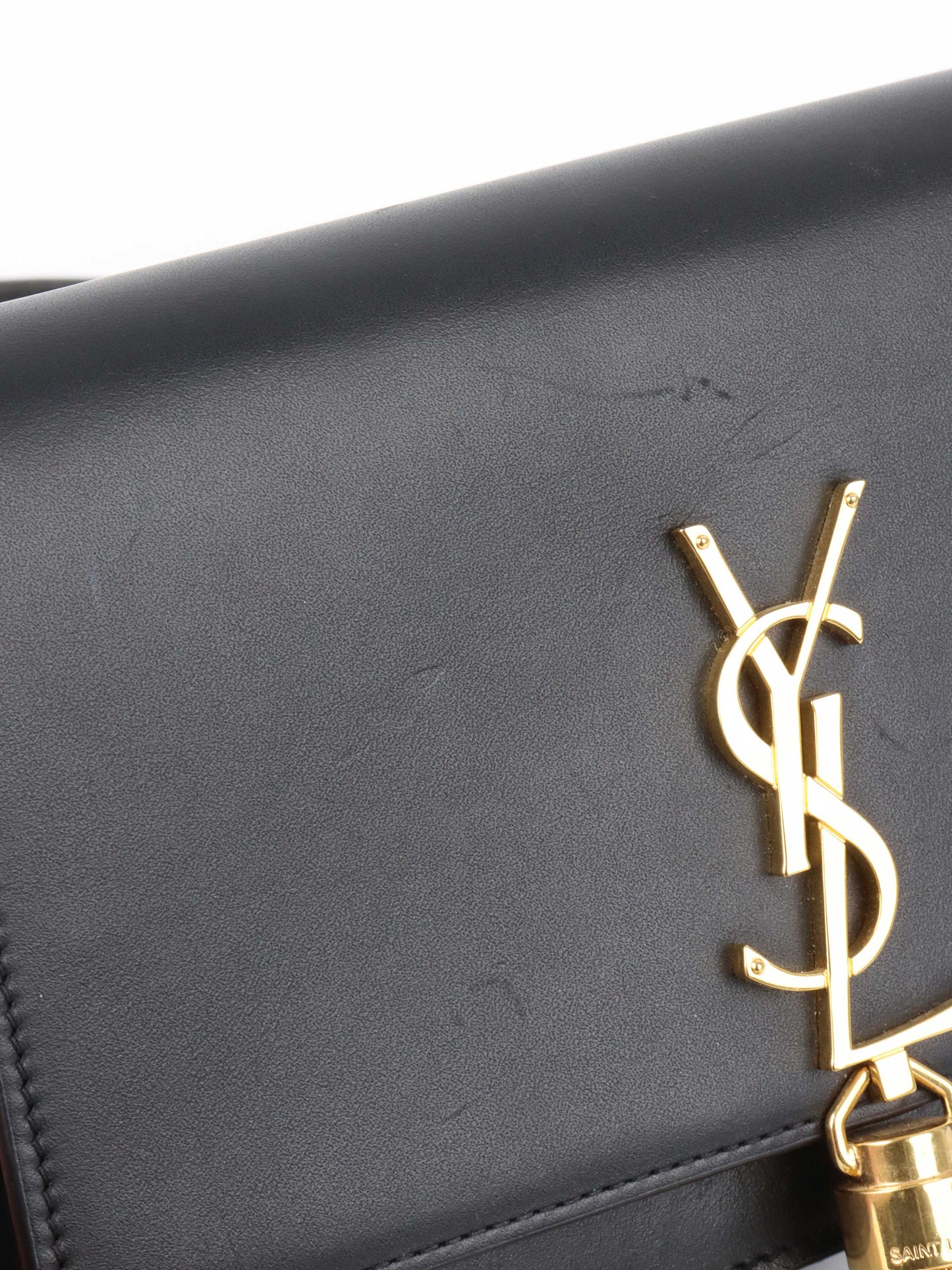 Saint Laurent Small Black Kate Wallet on Chain with Gold Tassel.