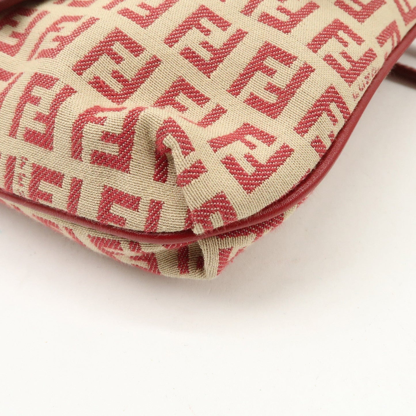 FENDI Zucchino Canvas Leather Shoulder Bag Beige Red 8BT075