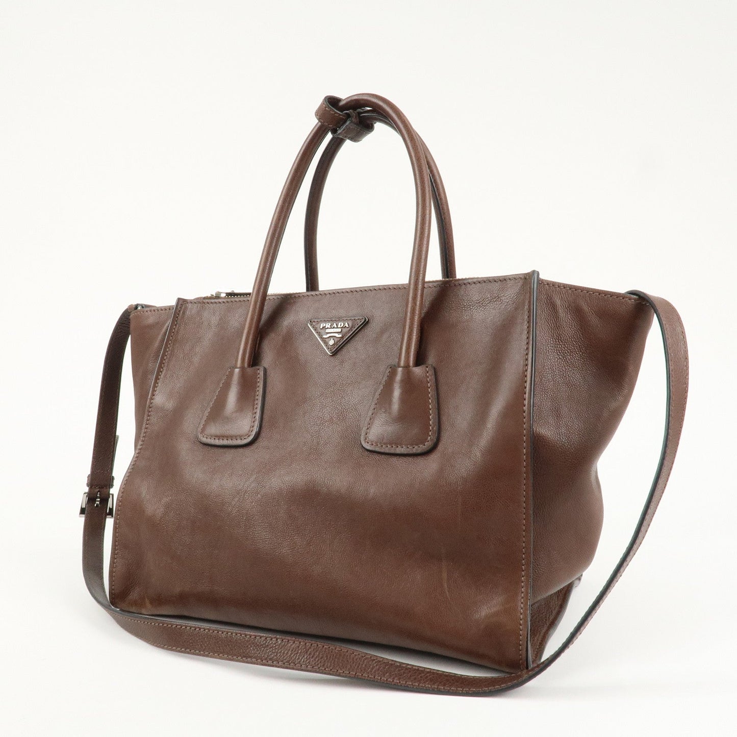 PRADA Triangle Logo Leather 2way Hand Bag Shoulder Bag Brown BN2619