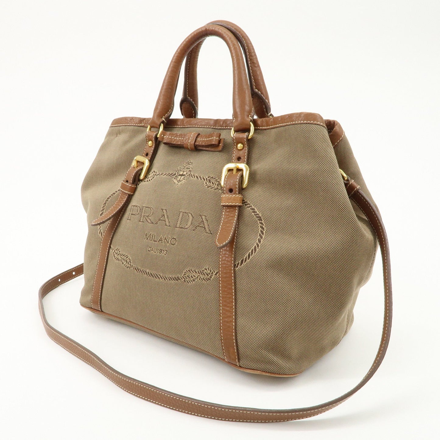 PRADA  Leather Logo Jacquard Tote Bag Ribbon Beige Brown BN1841
