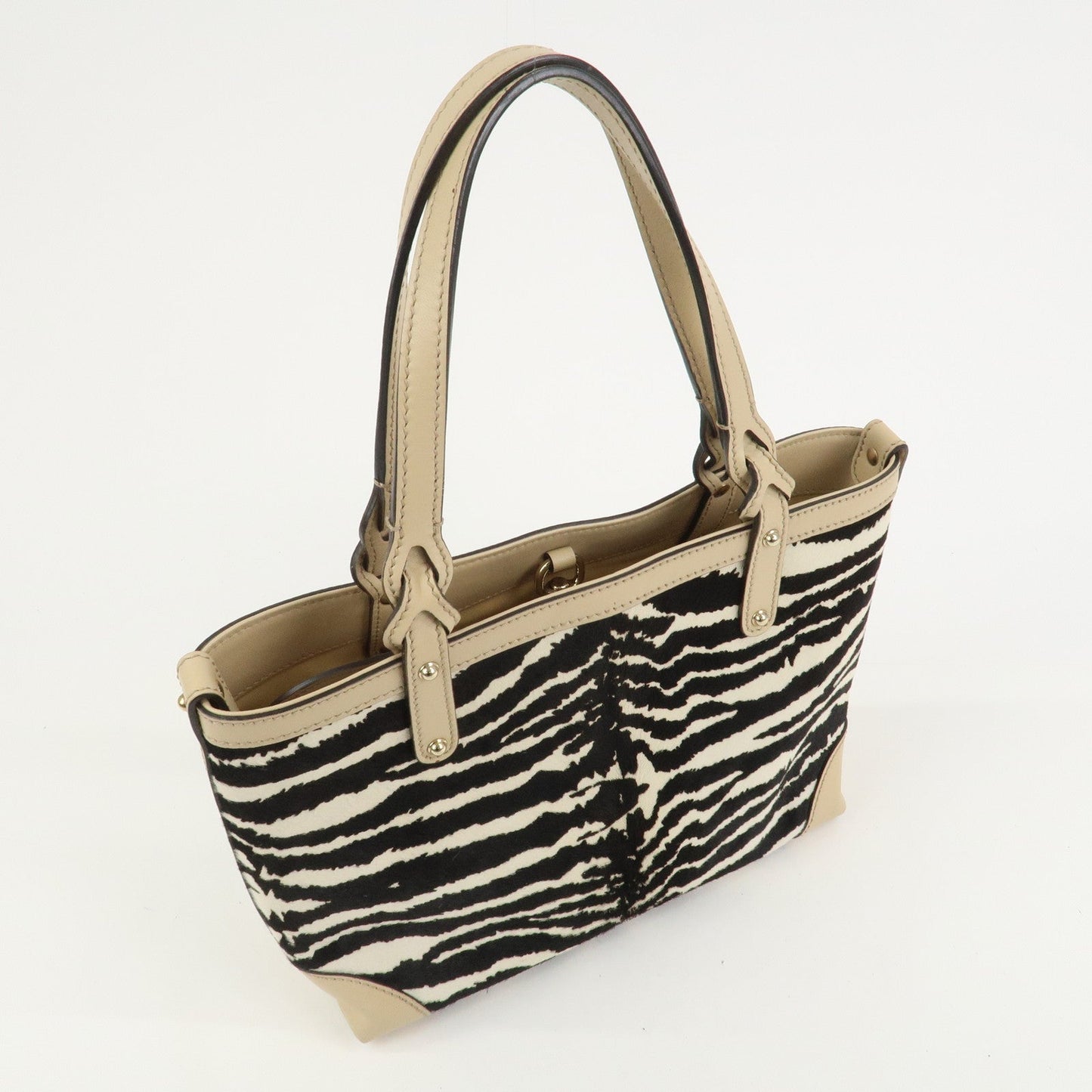 GUCCI Pony Hair Leather Shoulder Bag Hand Bag Beige Black 269878