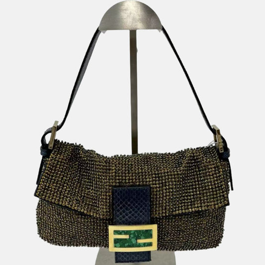 Fendi Baguette Rare Vintage Gold Metallic Beaded Snake-skin Trimmed Shoulder Bag
