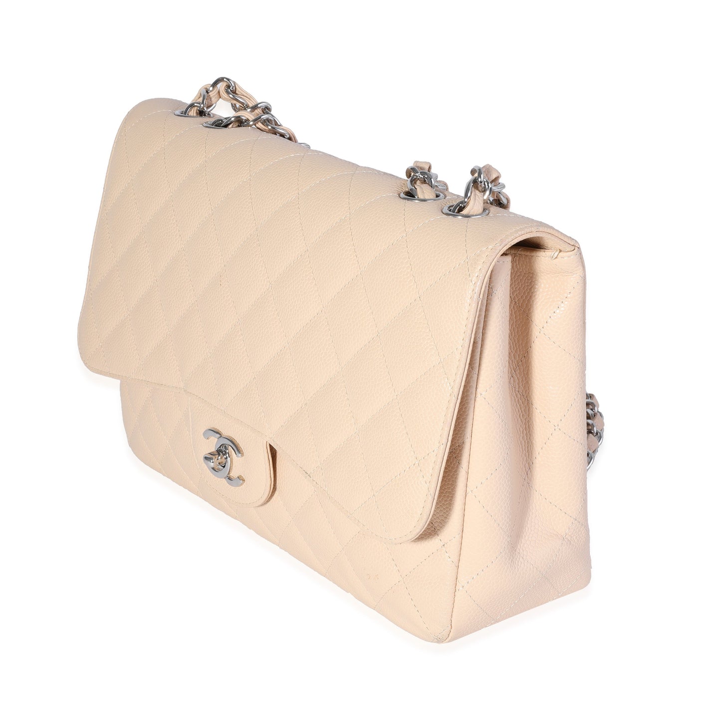 CHANEL Beige Quilted Caviar Jumbo Classic Single Flap Bag