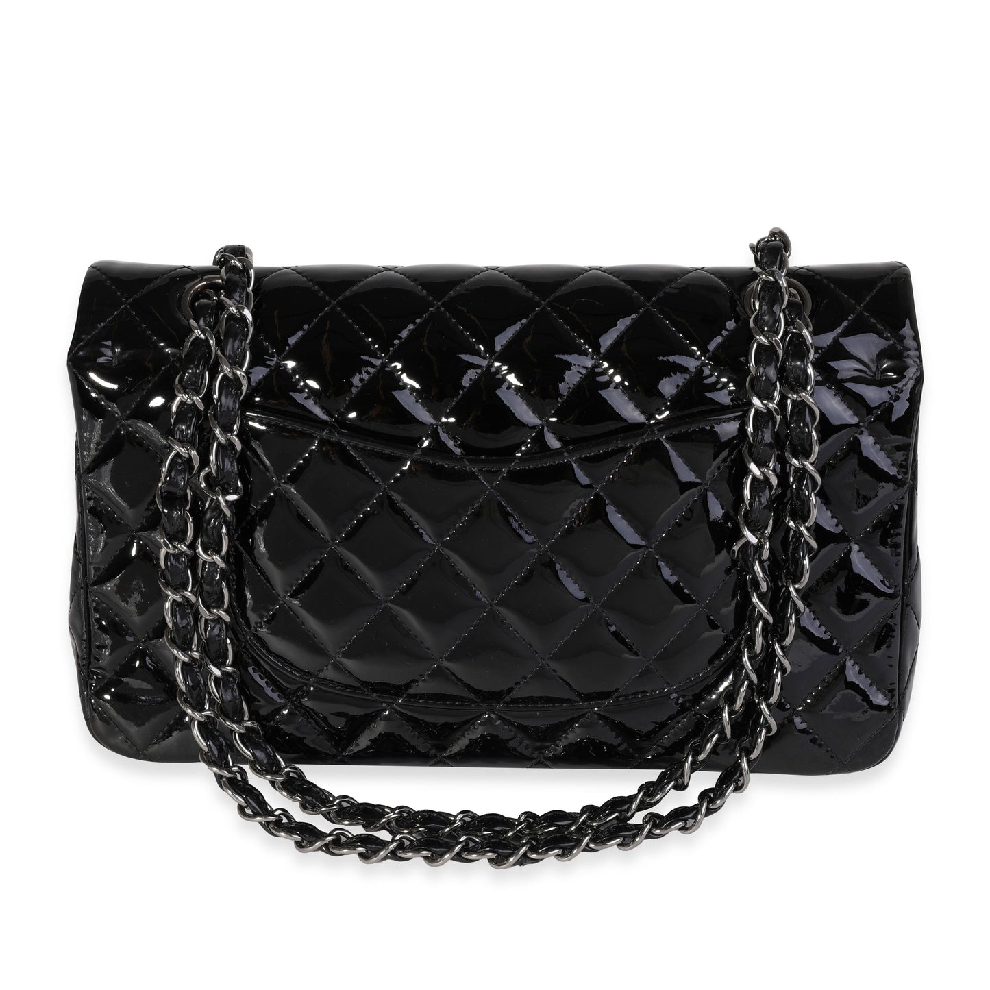 CHANEL Black Quilted Patent Leather Medium Classic Double Flap Bag