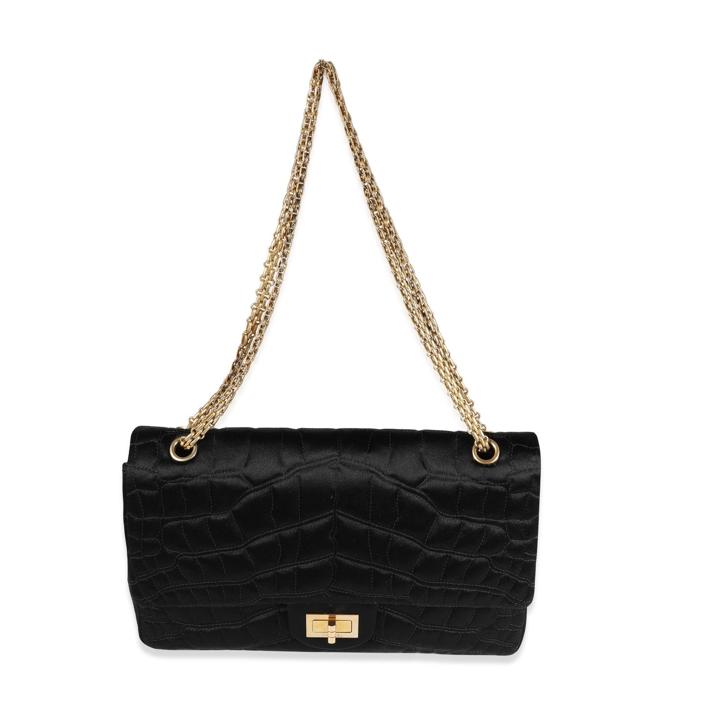 CHANEL Black Crocodile Stitch Satin Reissue 2.55 227 Double Flap Bag