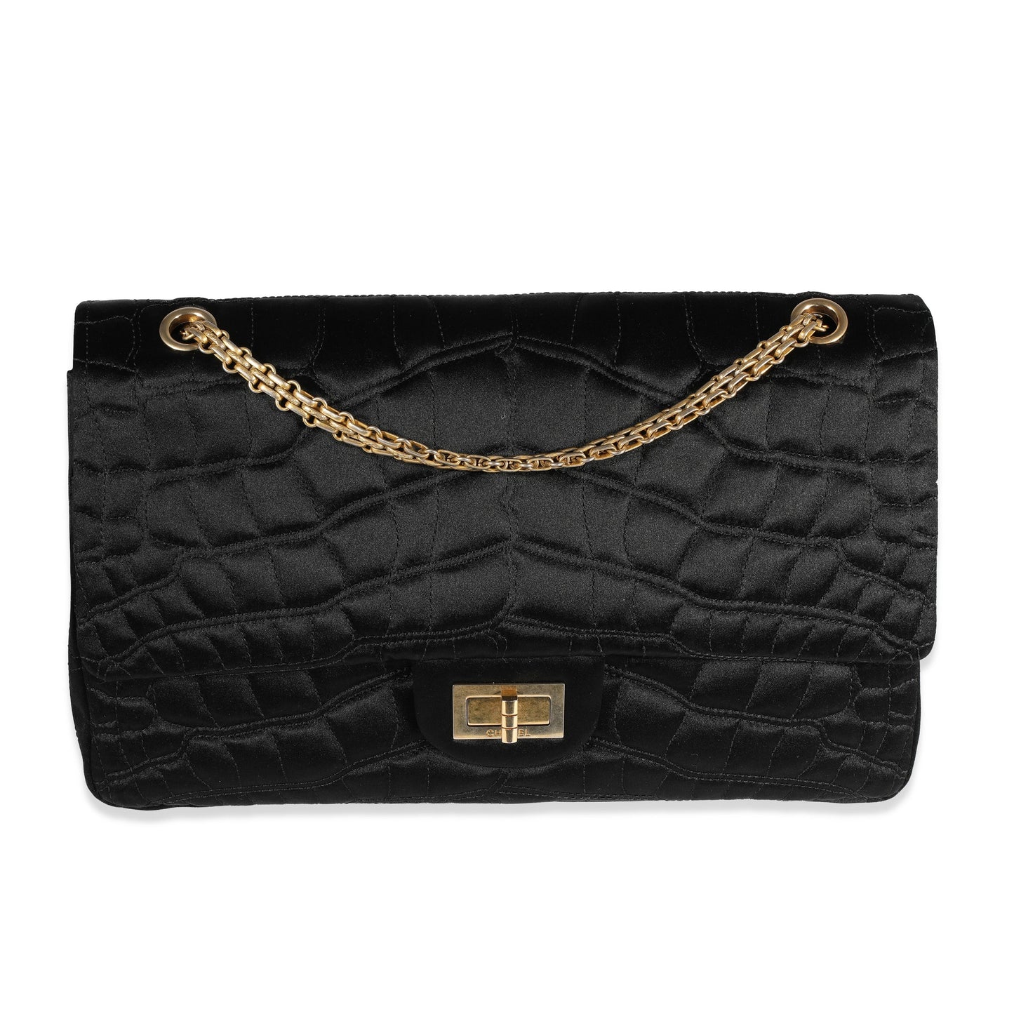 CHANEL Black Crocodile Stitch Satin Reissue 2.55 227 Double Flap Bag