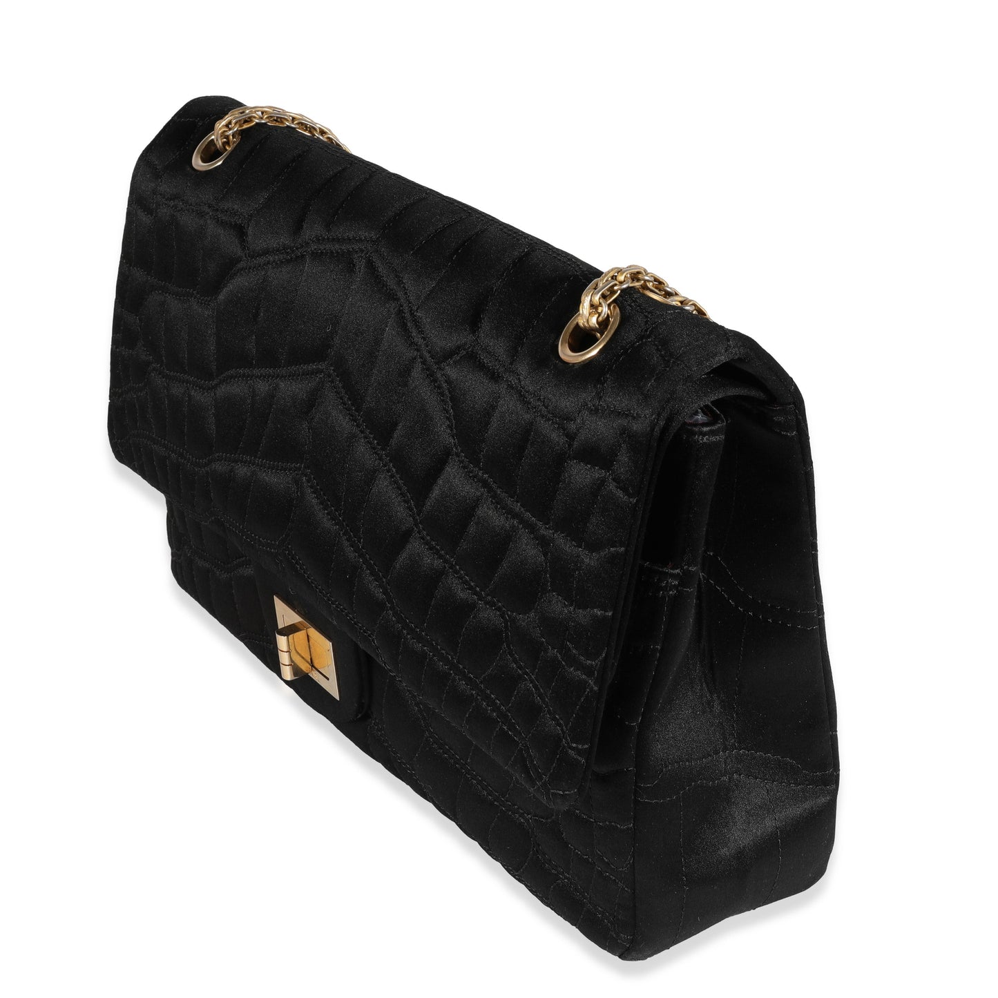 CHANEL Black Crocodile Stitch Satin Reissue 2.55 227 Double Flap Bag