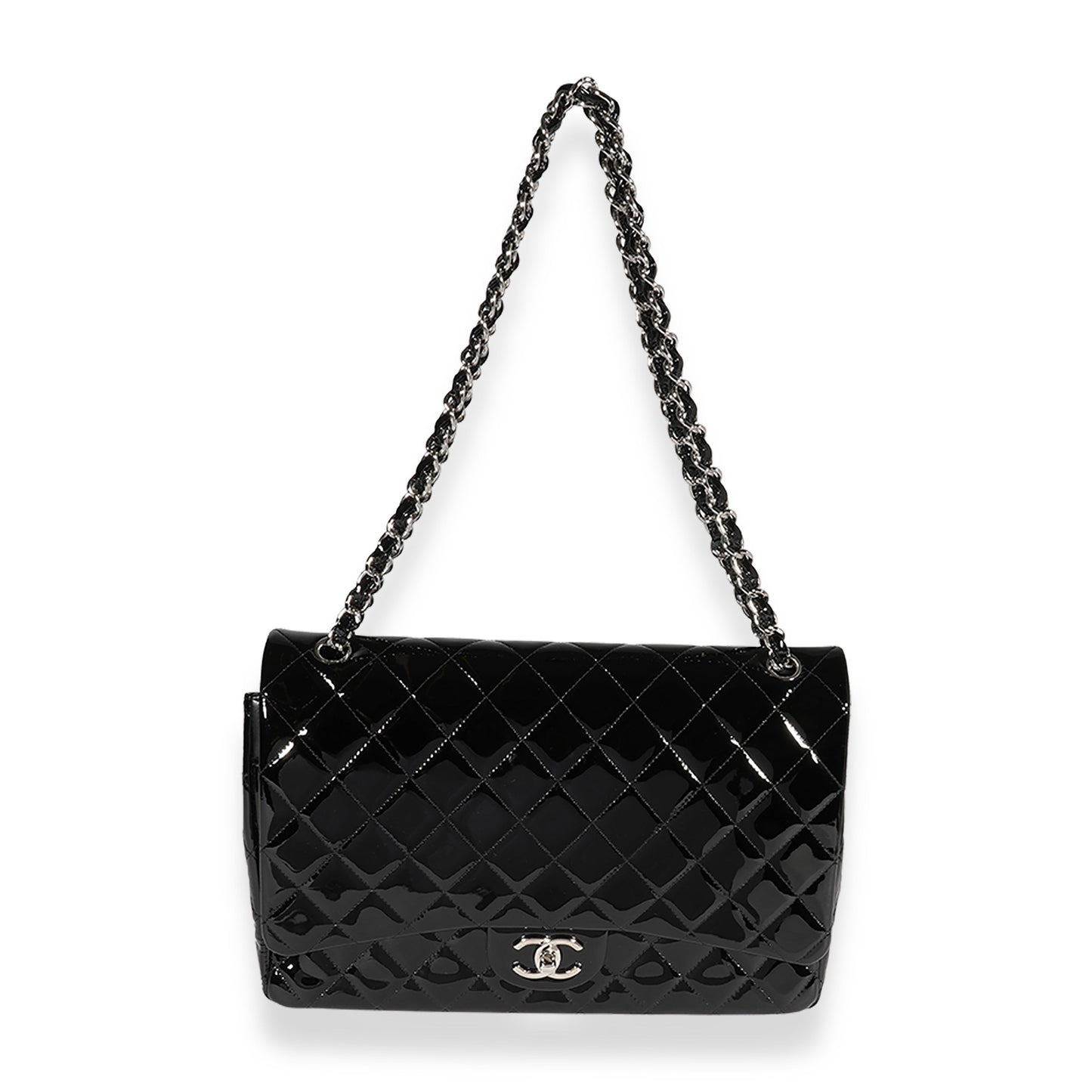 CHANEL Black Quilted Patent Leather Maxi Classic Double Flap Bag