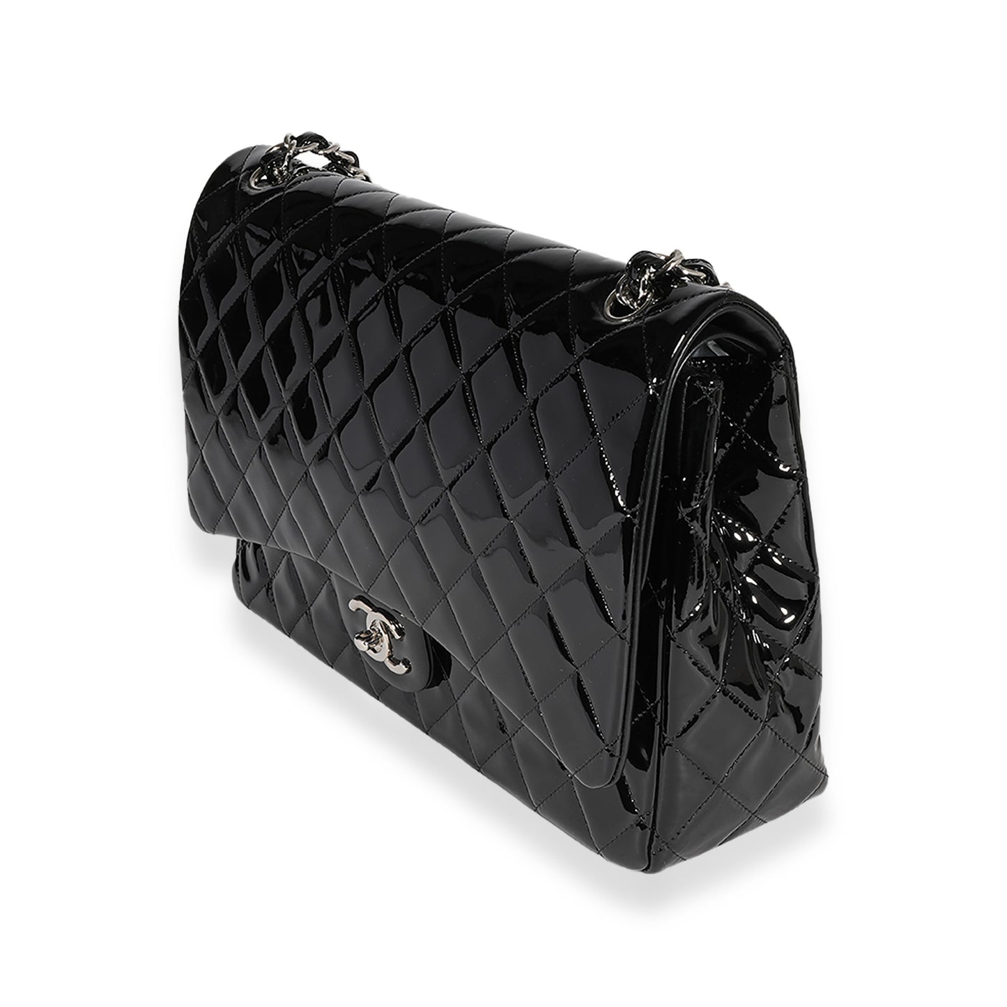 CHANEL Black Quilted Patent Leather Maxi Classic Double Flap Bag