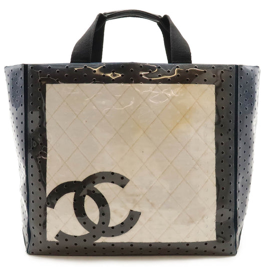 Chanel Sports Line Coco Punching Large Tote Bag 2way Vinyl Canvas Navy White