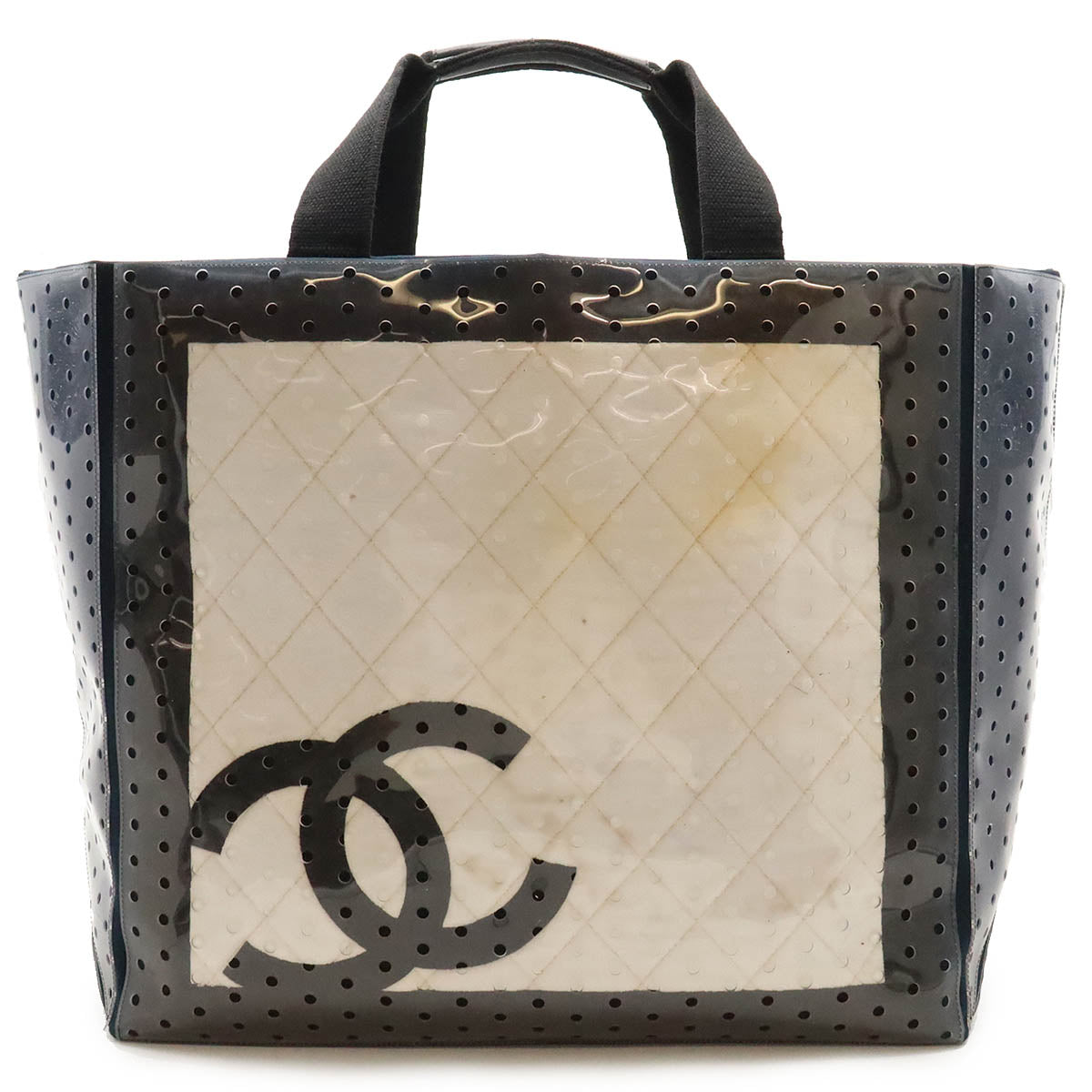 Chanel Sports Line Coco Mark Punching Large Tote Bag 2way Vinyl Canvas Navy White Classic Flap