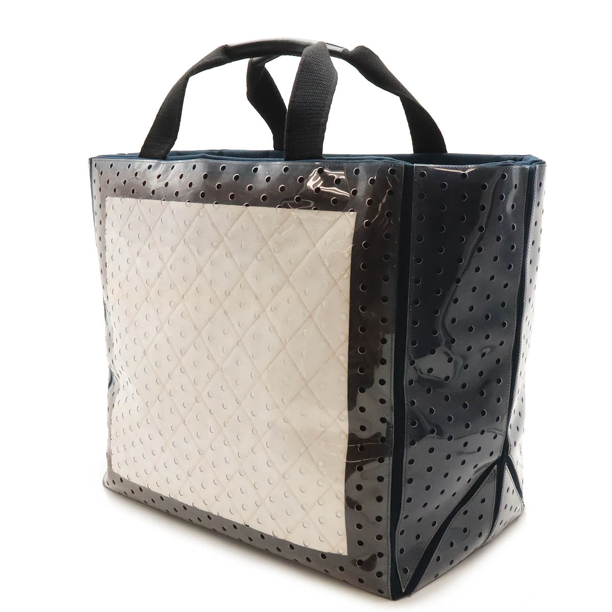 Chanel Sports Line Coco Mark Punching Large Tote Bag 2way Vinyl Canvas Navy White Classic Flap